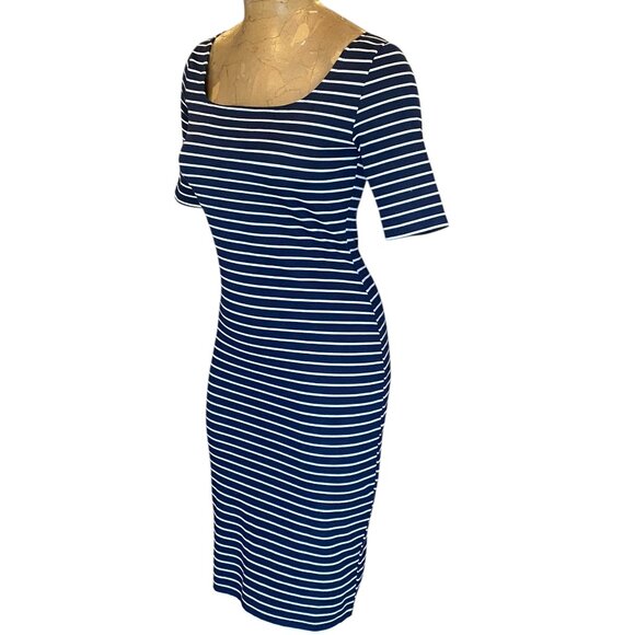 Popular Basics Bodycon Navy & White Striped Dress Sz M #287J - Picture 3 of 6